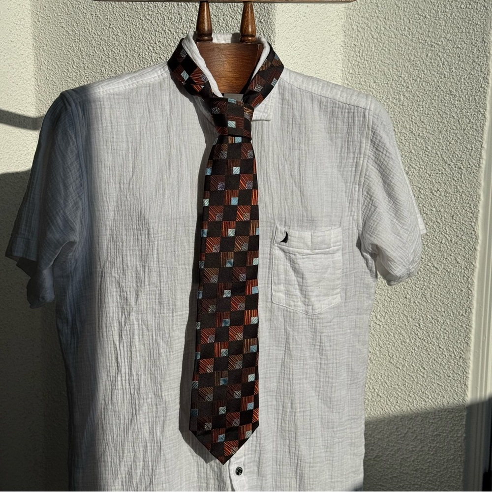 Serica Elite Men’s Silk Tie Black Brown Blue Checkered Geometric – Made in Italy